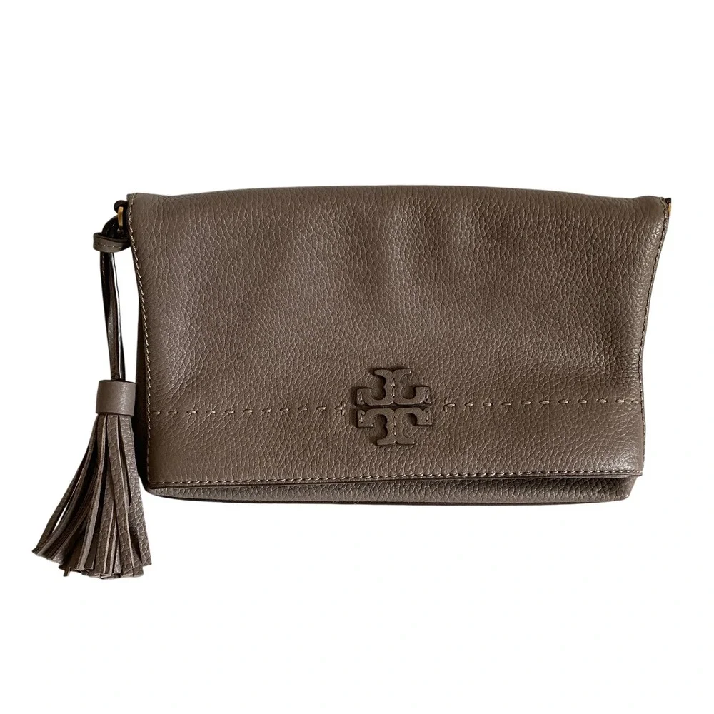 Tory Burch McGraw Foldover Leather Crossbody Bag Gray Taupe